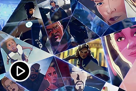 Collage de visages animés de la série « What If... ? » de Marvel Studios